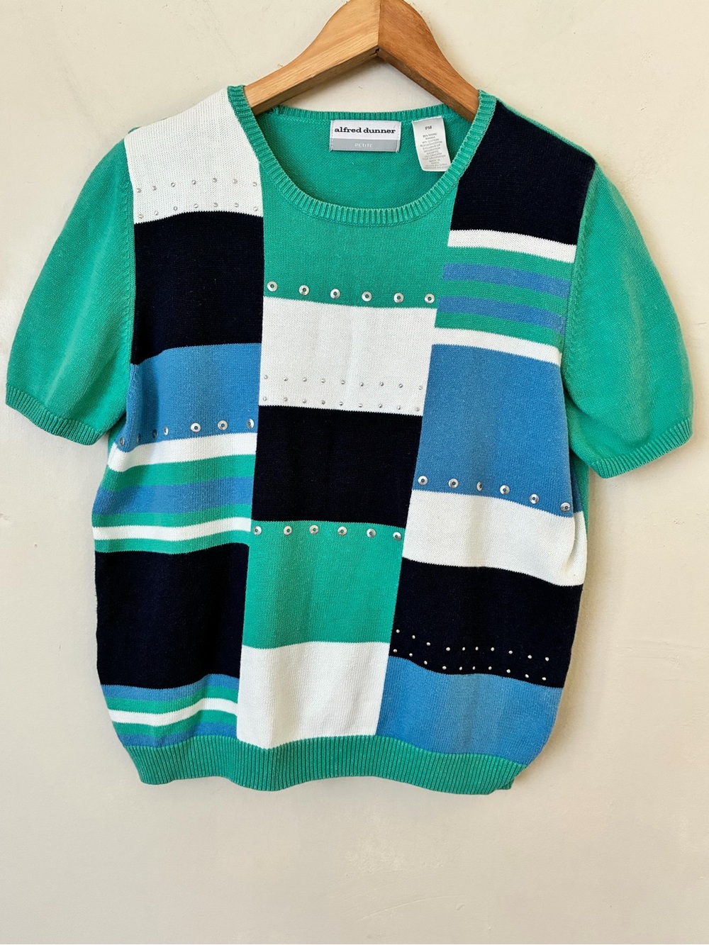 Alfred Dunner Petite Colorblock Studded Knit Sweater Green Blue Y2K PM